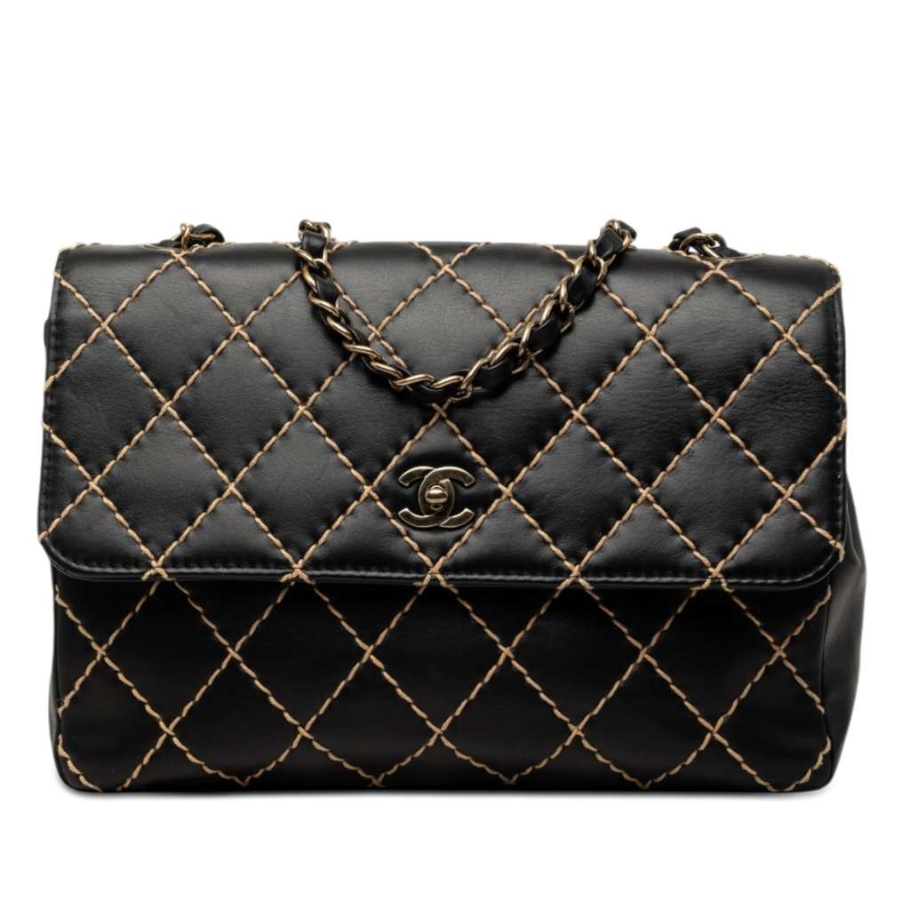 Chanel Jumbo CC Quilted Lambskin Wild Stitch Flap Black Leather Very good - Front View