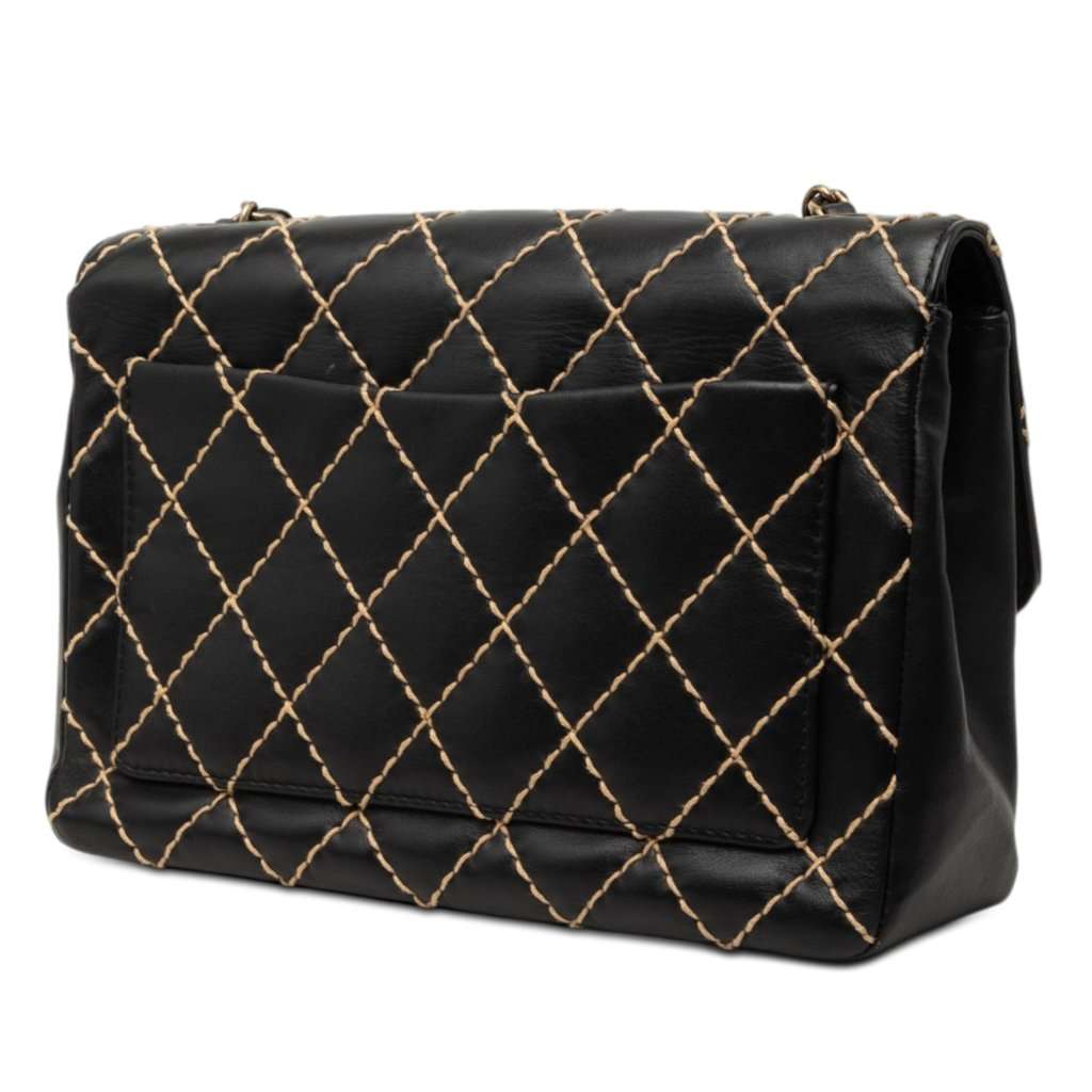 Chanel Jumbo CC Quilted Lambskin Wild Stitch Flap Black Leather Very good - Back View