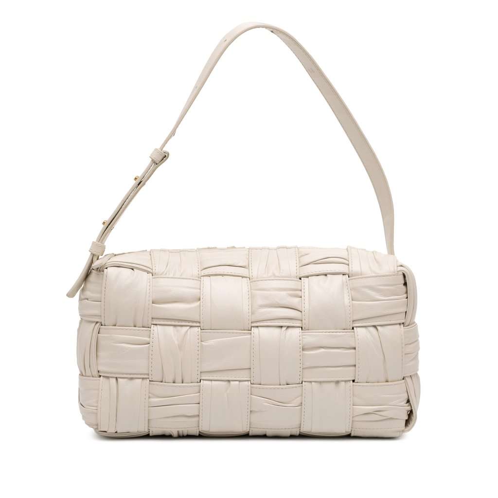 Bottega Veneta Calfskin Intreccio Plisse Cassette Shoulder Bag White Leather Very good - Front View
