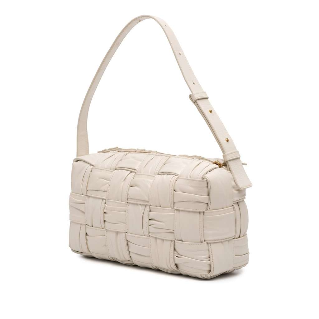 Bottega Veneta Calfskin Intreccio Plisse Cassette Shoulder Bag White Leather Very good - Back View