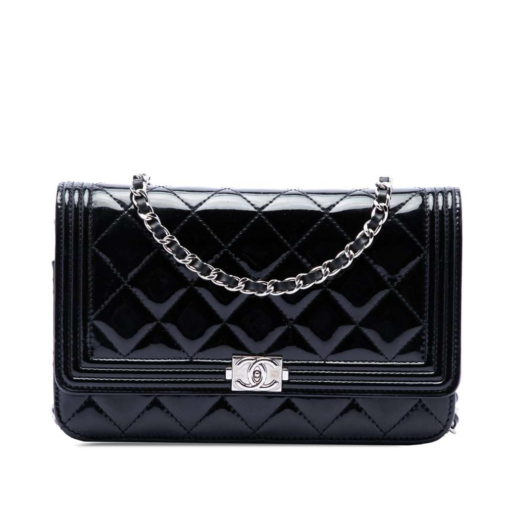 Chanel Quilted Patent Boy Wallet on Chain Black Leather Very good - Front View