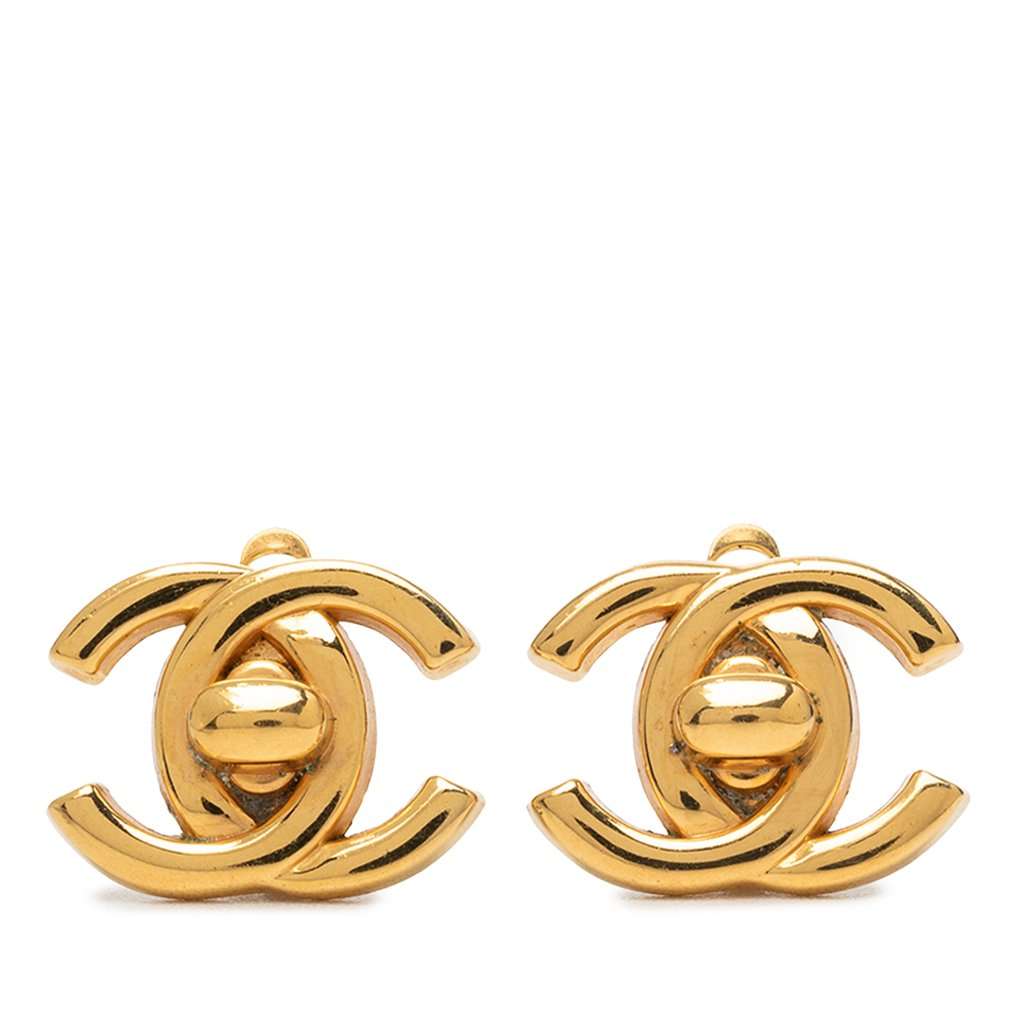 Chanel CC Gold Plated Turn Lock Clip On Earrings Gold Metal Very good - Front View