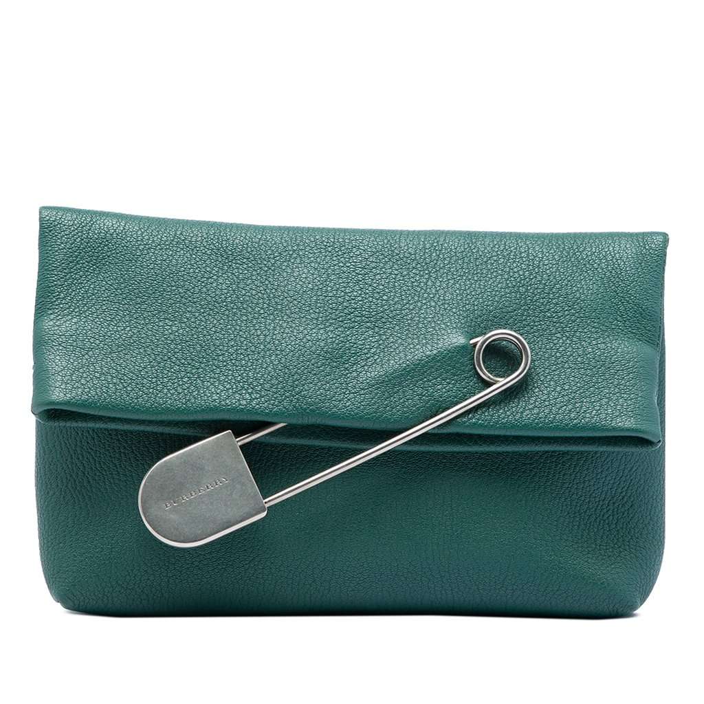 Burberry Medium Leather Safety Pin Clutch Green Leather Very good - Front View
