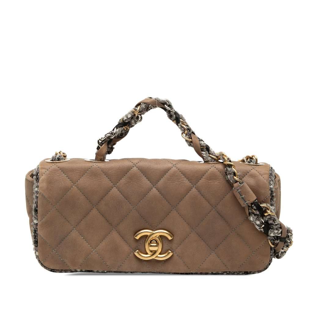 Chanel Small Quilted Lambskin and Tweed Chain Flap Brown Leather Good - Front View