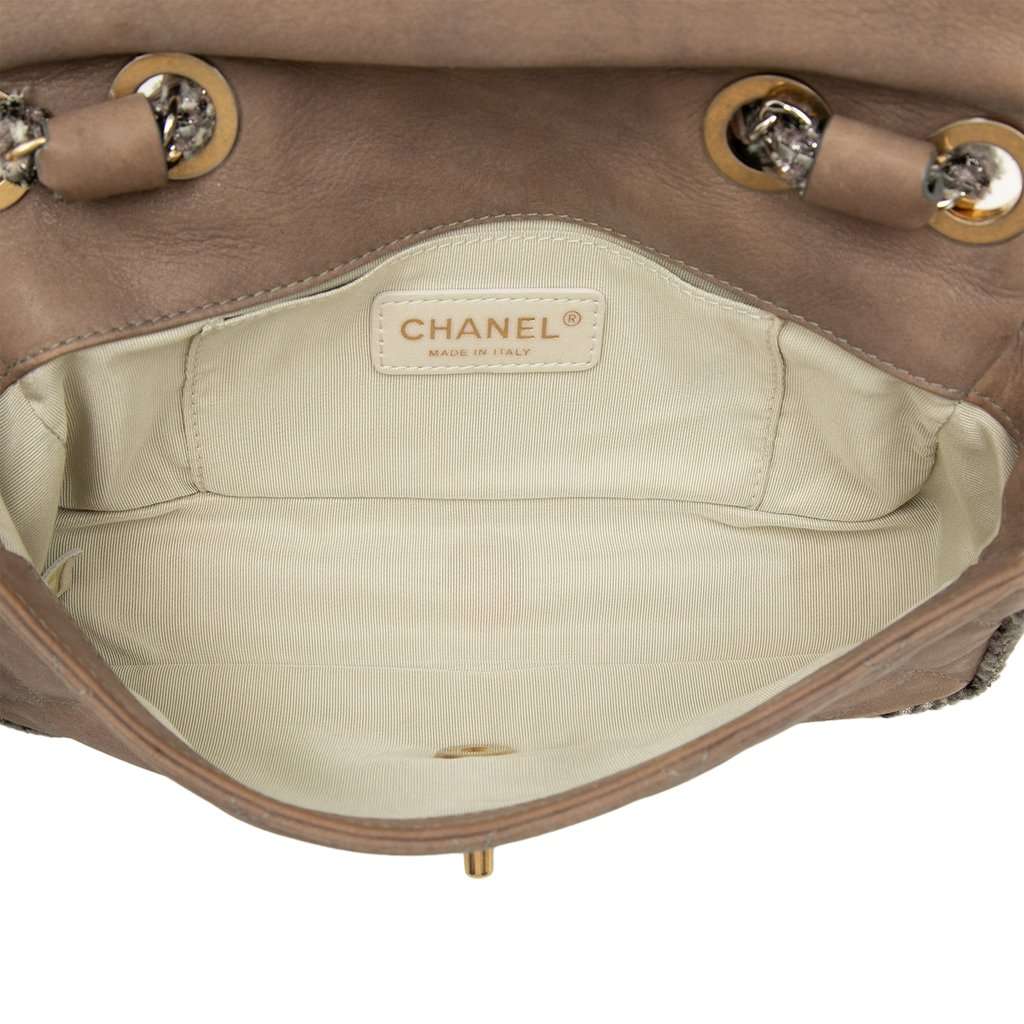 Chanel Small Quilted Lambskin and Tweed Chain Flap Brown Leather Good - Model View