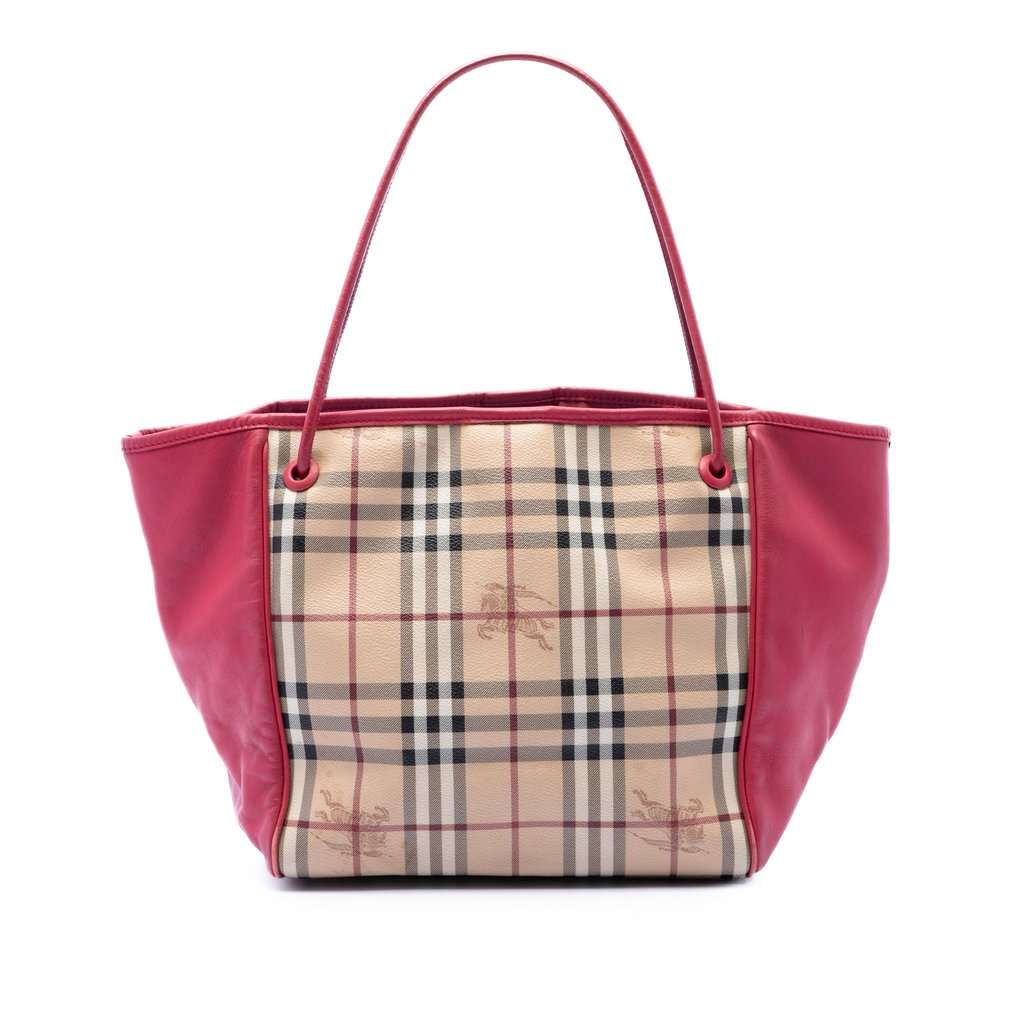 Burberry Small Haymarket Check Coated Canvas and Calfskin Canterbury Tote Beige Very good - Front View