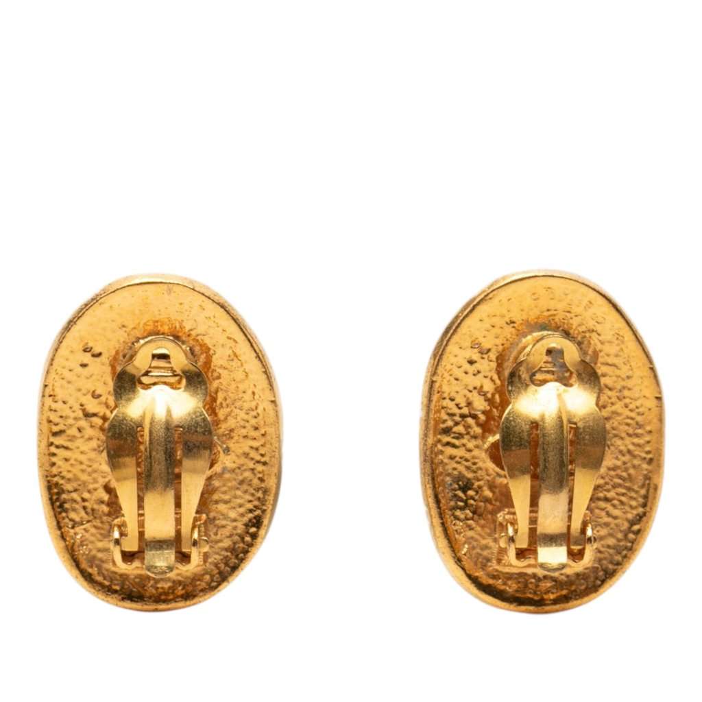 Chanel CC Gold Plated Oval Crown Earrings Gold Metal Very good condition - Back View