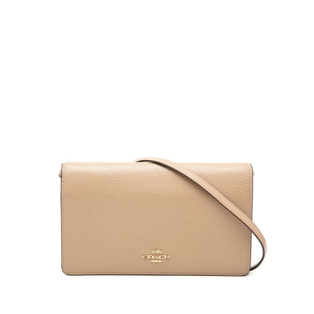 Coach Pebbled Leather Anna Foldover Clutch Crossbody Beige Leather Very good - Front View