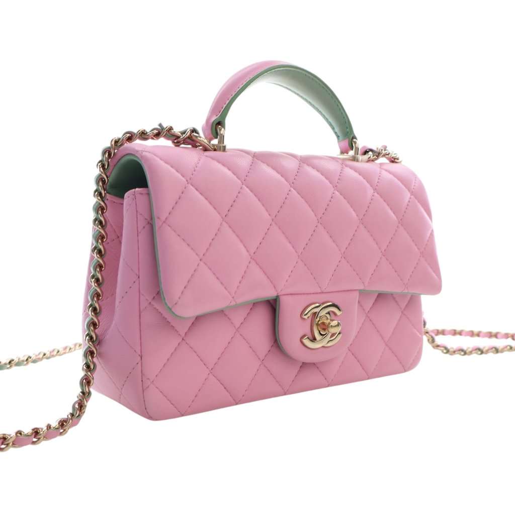 Chanel Mini Rectangular Bicolor Quilted Lambskin Top Handle Flap Pink Leather Very good - Back View
