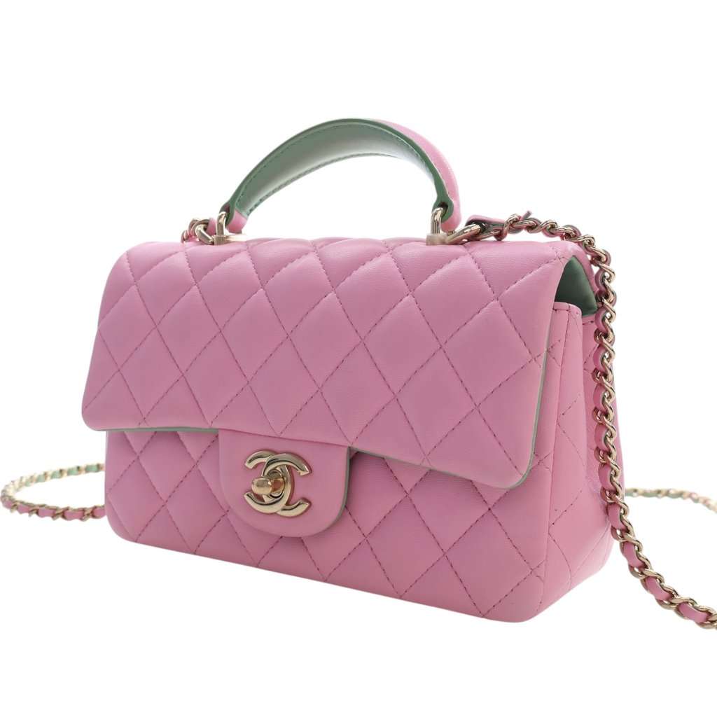Chanel Mini Rectangular Bicolor Quilted Lambskin Top Handle Flap Pink Leather Very good - Inside View