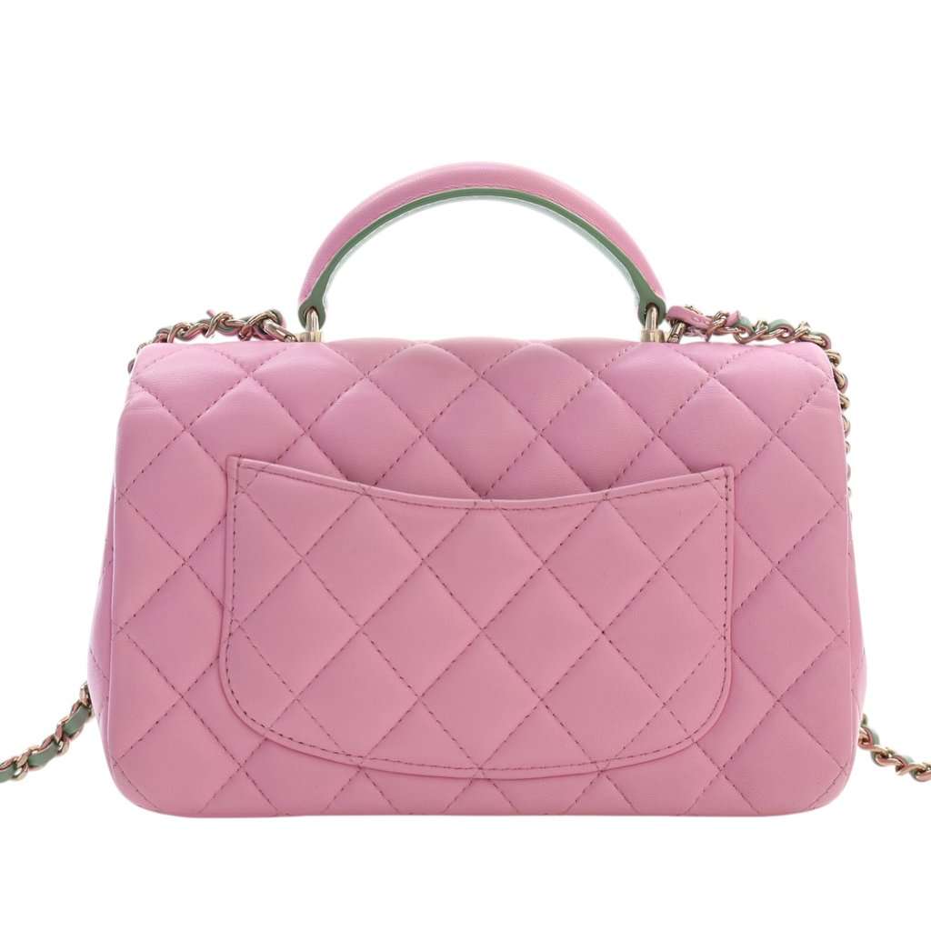 Chanel Mini Rectangular Bicolor Quilted Lambskin Top Handle Flap Pink Leather Very good - Model View