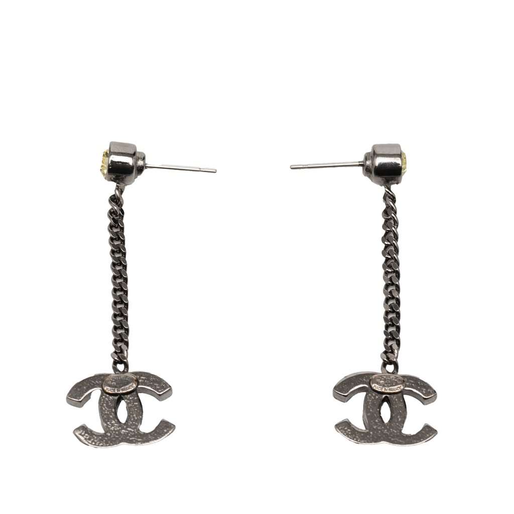 Chanel CC Brass and Strass Swing Push Back Earrings Silver Metal Very good condition - Back View