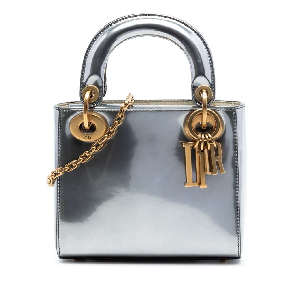 Dior Mini Metallic Patent Lady Dior Silver Leather Very good condition - Front View