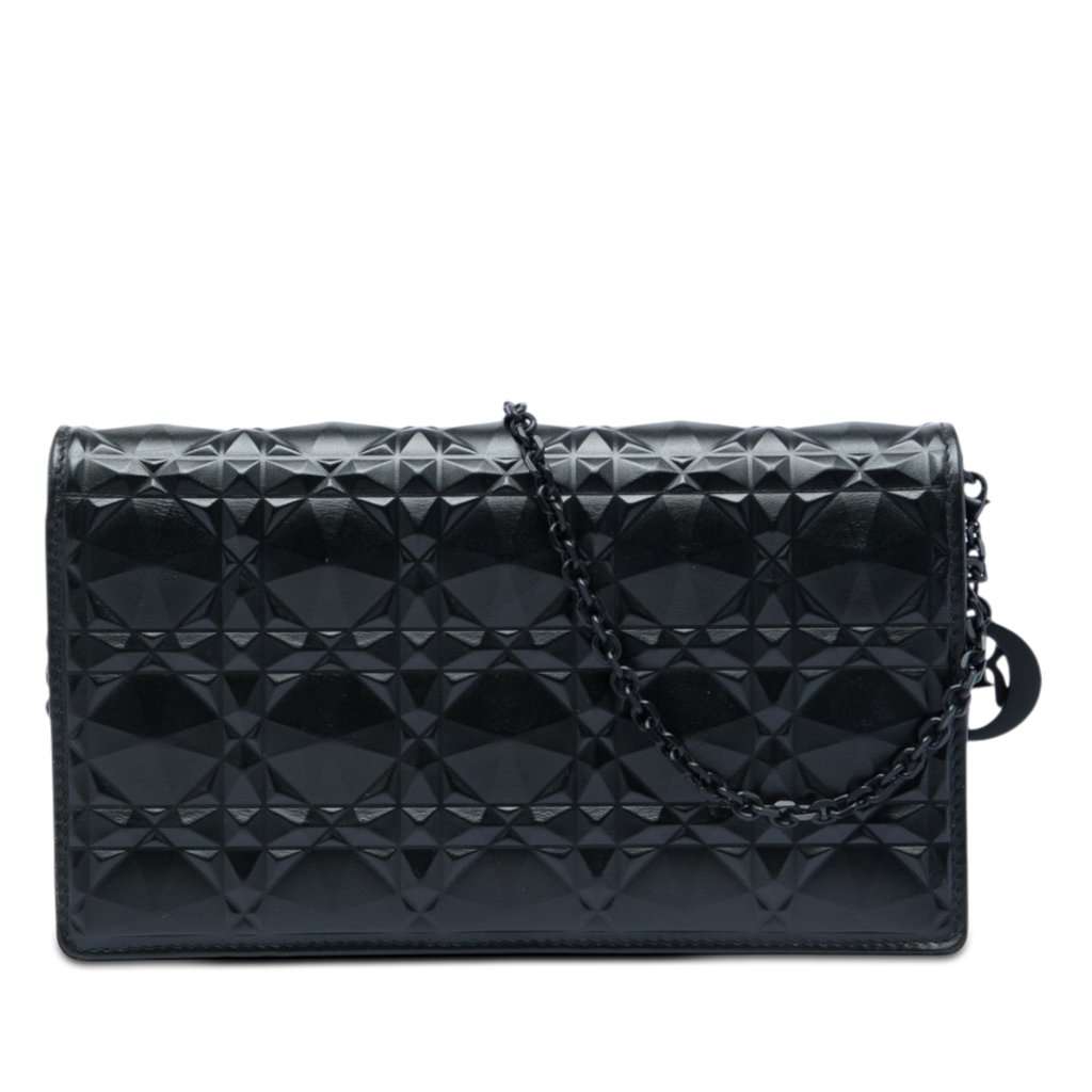 Dior Calfskin Cannage Diamond Lady Dior Wallet On Chain Black Leather Very good - Front View