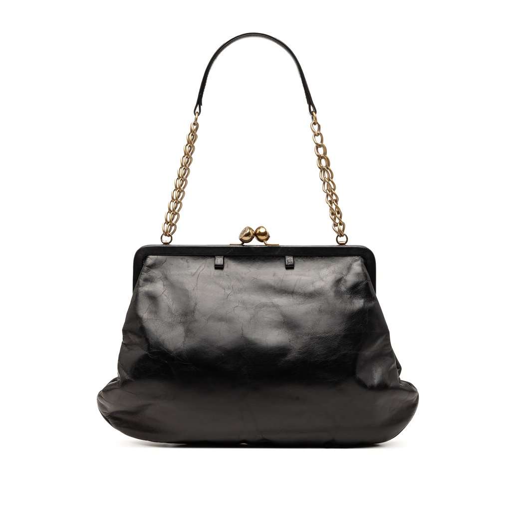 Chanel Glazed Calfskin Kiss Lock Frame Shoulder Bag Black Leather Very good condition - Front View