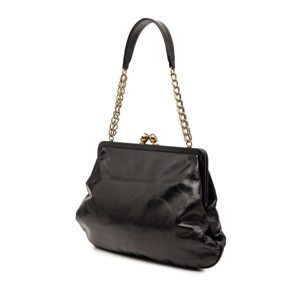 Chanel Glazed Calfskin Kiss Lock Frame Shoulder Bag Black Leather Very good condition - Back View