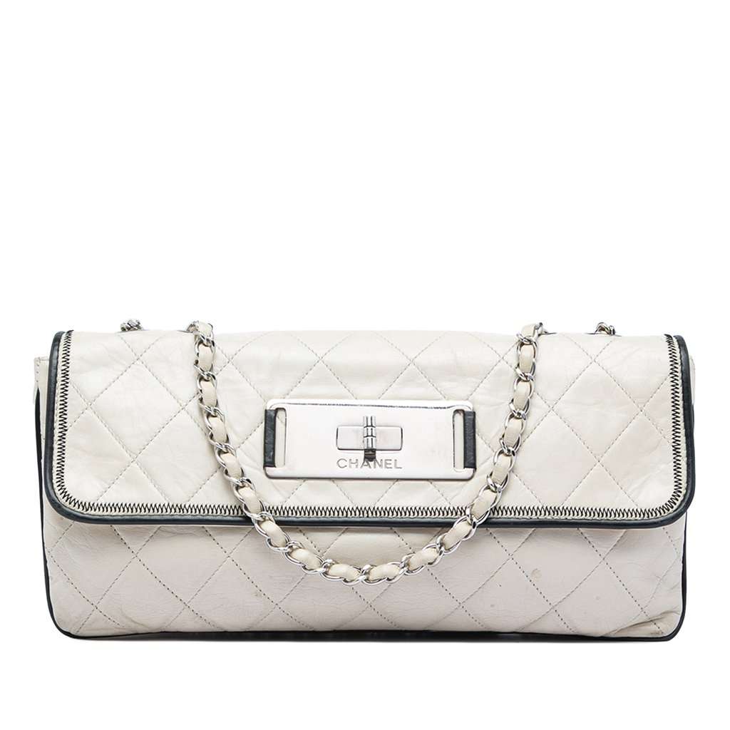 Chanel Quilted Aged Lambskin Reissue 2.55 East West Flap White Leather Very good - Front View
