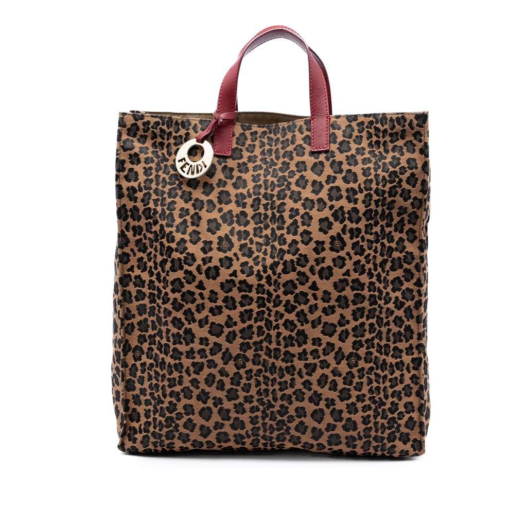 Fendi Leopard Printed Canvas Shopping Tote Brown Very good - Front View