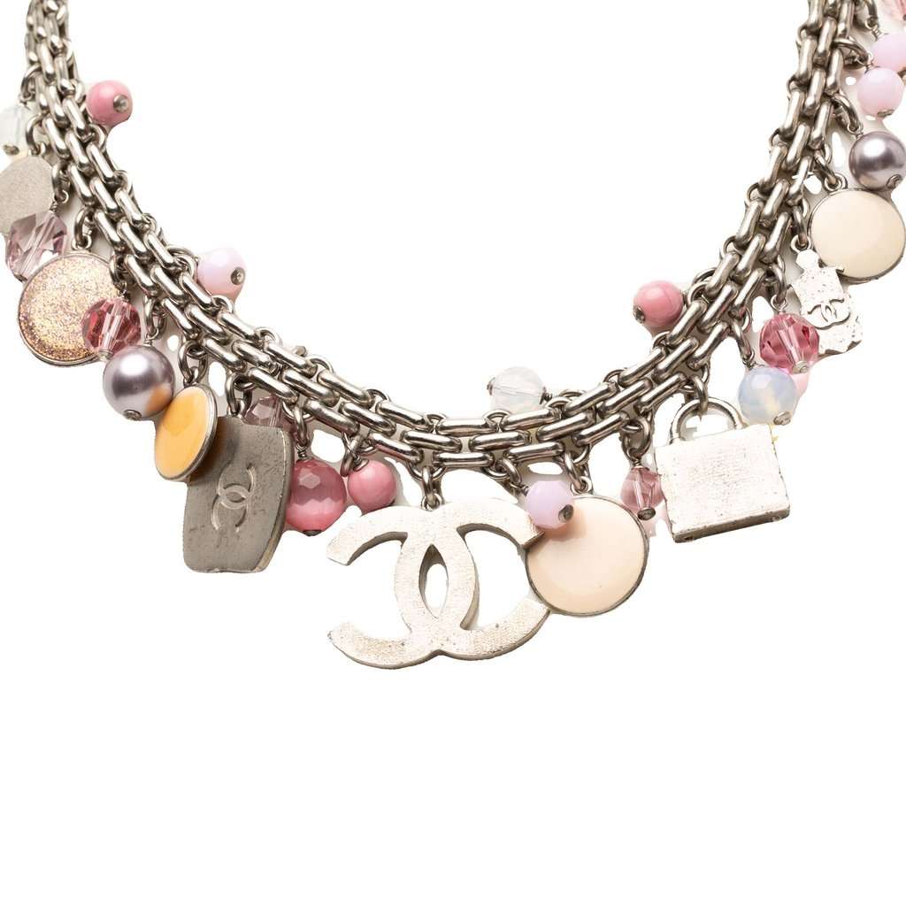 Chanel CC Brass Faux Pearl Resin Enamel Charms Necklace Silver Metal Very good - Inside View
