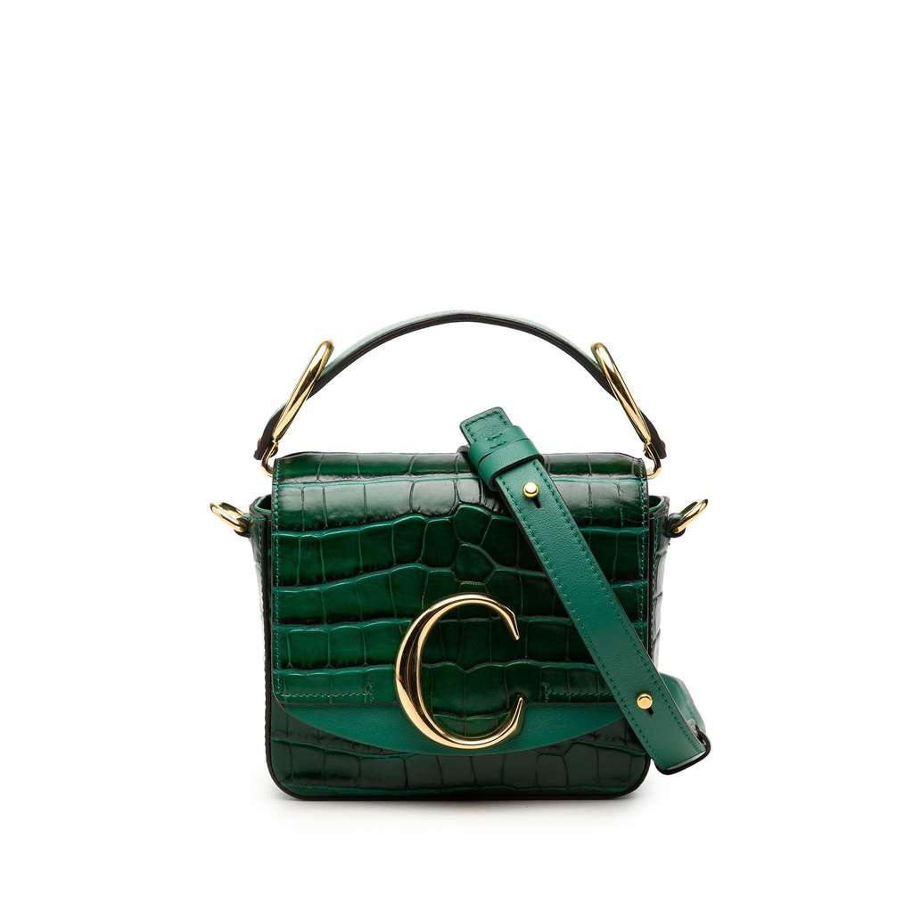 Chloé Mini Croc Embossed Calfskin C Satchel Green Leather Very good condition - Front View