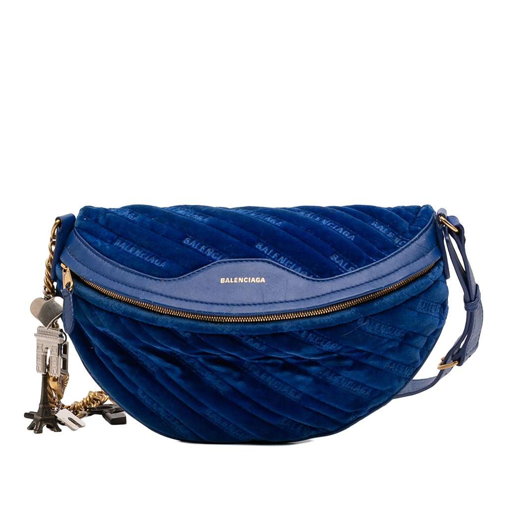 Balenciaga Diagonal Quilted Velvet Allover Logo Souvenir Belt Bag XS Blue Good condition - Front View