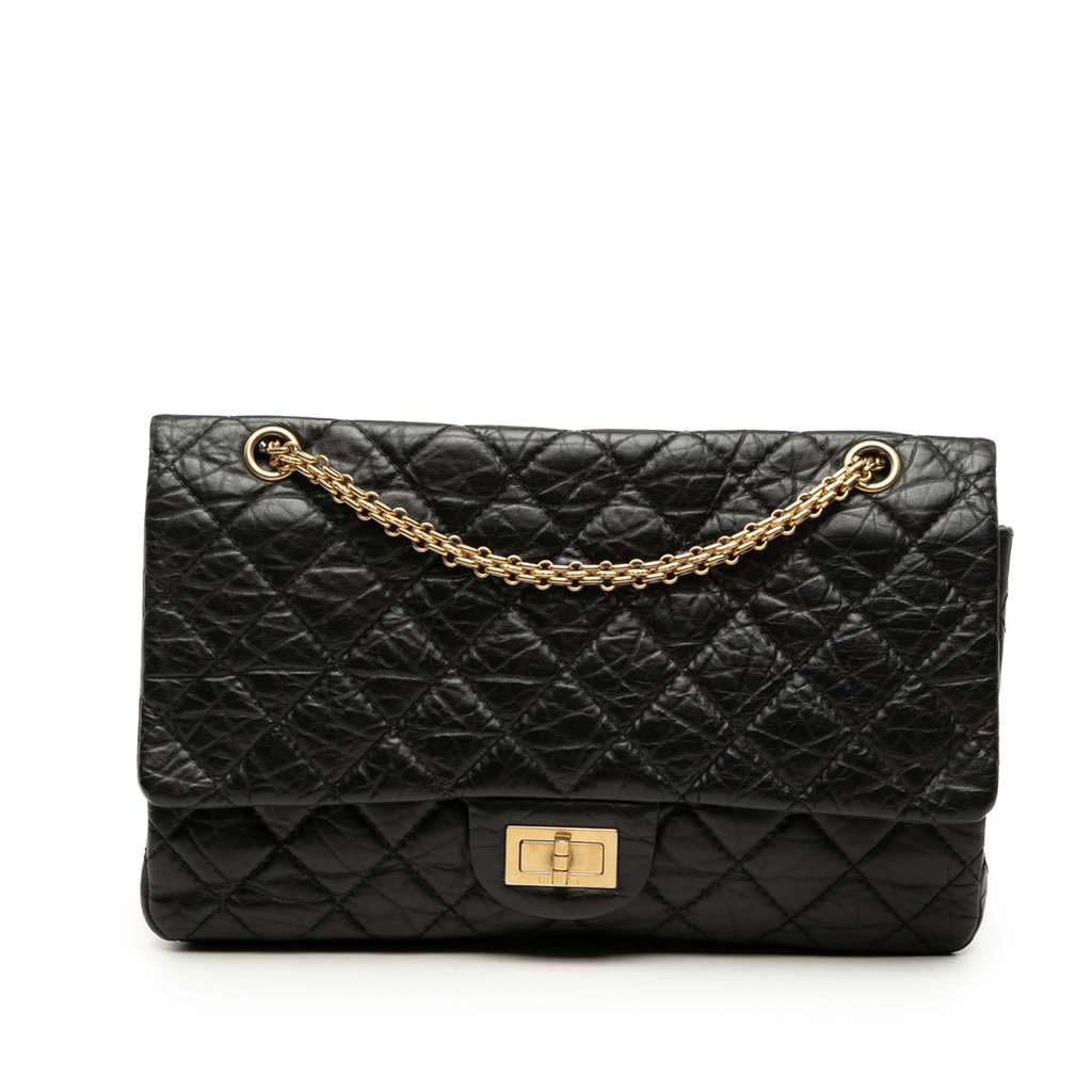 Chanel Quilted Aged Calfskin Reissue 2.55 Double Flap 227 Black Leather Good - Front View