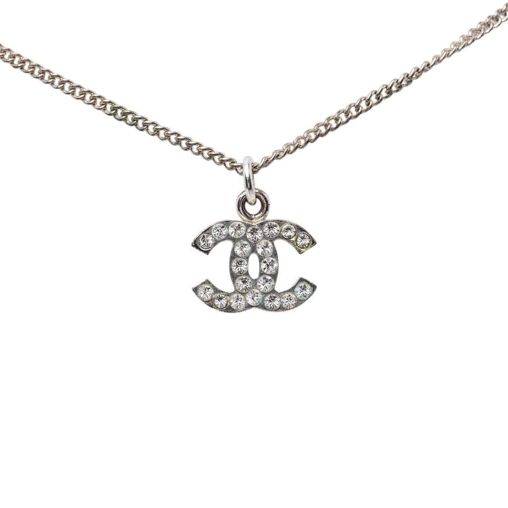 Chanel CC Brass and Strass Pendant Necklace Silver Metal Very good condition - Back View
