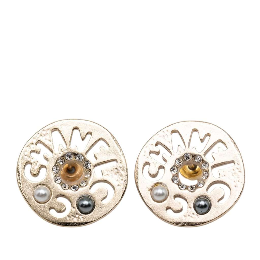 Chanel Gold Plated Strass Faux Pearl Coco Logo Disc Pushback Earrings Gold Metal Very good condition - Front View