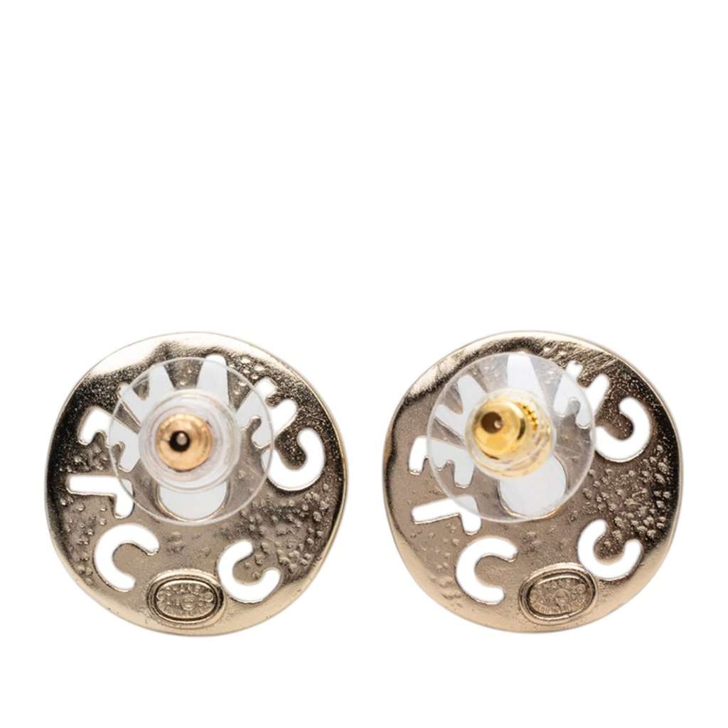 Chanel Gold Plated Strass Faux Pearl Coco Logo Disc Pushback Earrings Gold Metal Very good condition - Back View