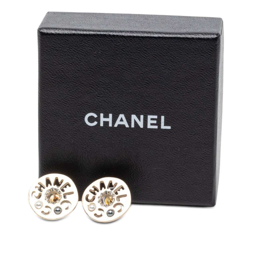 Chanel Gold Plated Strass Faux Pearl Coco Logo Disc Pushback Earrings Gold Metal Very good condition - Model View