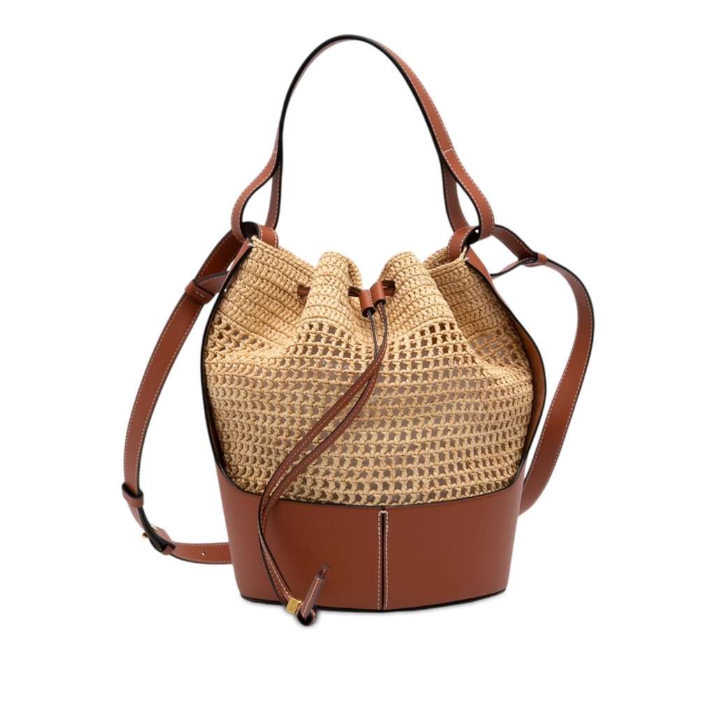 LOEWE Small Raffia and Calfskin Balloon Bucket Bag Beige Very good - Front View