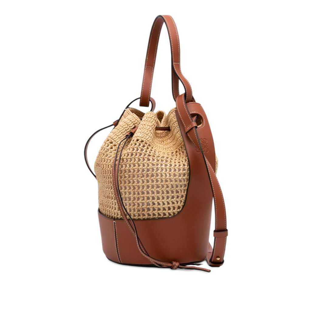 LOEWE Small Raffia and Calfskin Balloon Bucket Bag Beige Very good - Back View