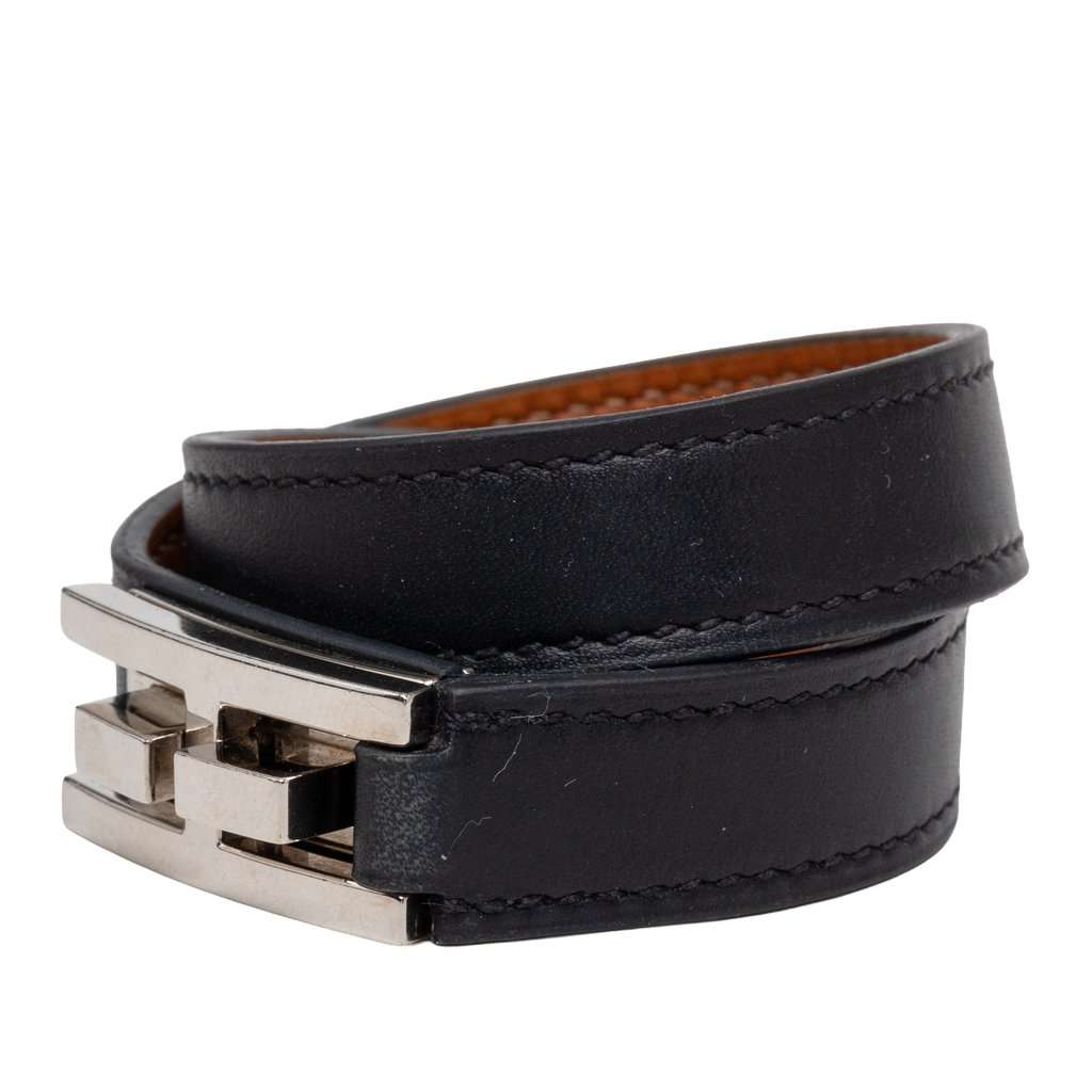 Hermès Leather Drag Double Tour Wrap Bracelet T1 Black Leather Very good condition - Back View