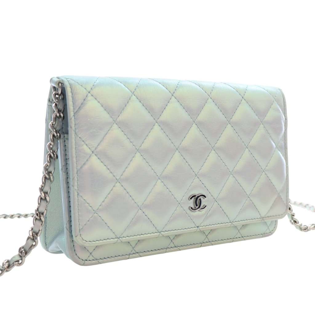 Chanel CC Quilted Iridescent Lambskin Wallet on Chain White Leather Very good - Back View