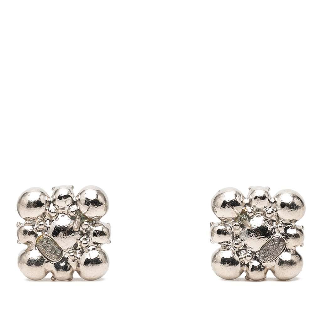 Chanel Brass Floral Strass Push Back Earrings Silver Metal Very good - Back View
