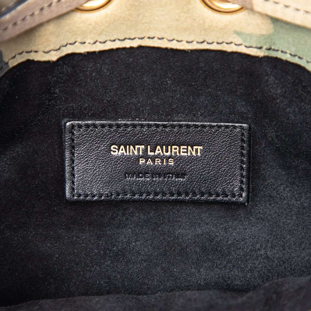 Saint Laurent Small Camouflage Print Suede Emmanuelle Fringe Bucket Bag Brown Leather Very good condition - Box View