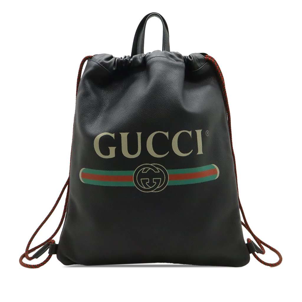 Gucci Grained Calfskin Web Logo Drawstring Backpack Black Leather Very good condition - Front View