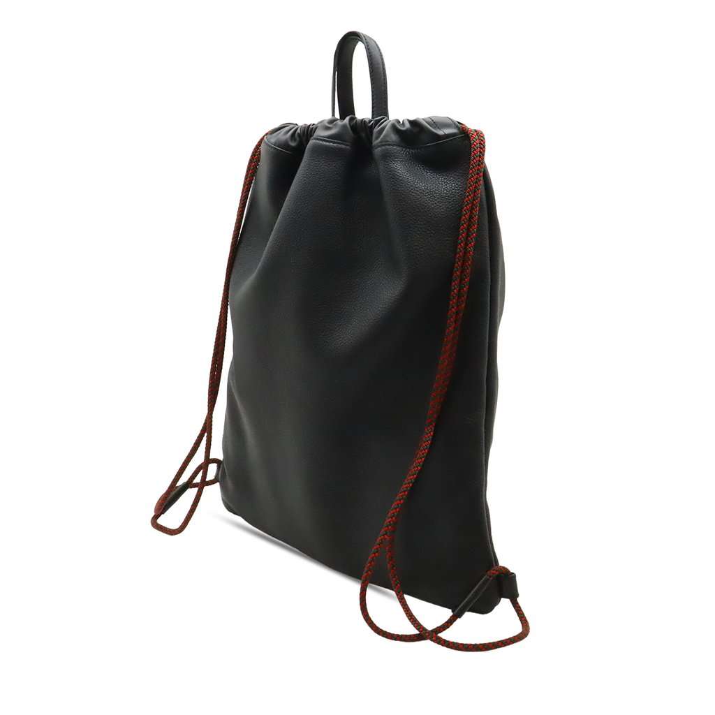 Gucci Grained Calfskin Web Logo Drawstring Backpack Black Leather Very good condition - Back View