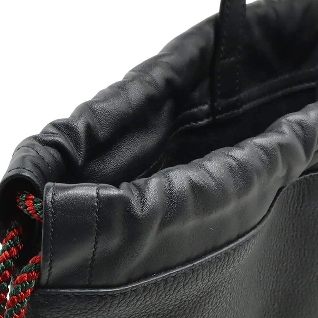 Gucci Grained Calfskin Web Logo Drawstring Backpack Black Leather Very good condition - Box View