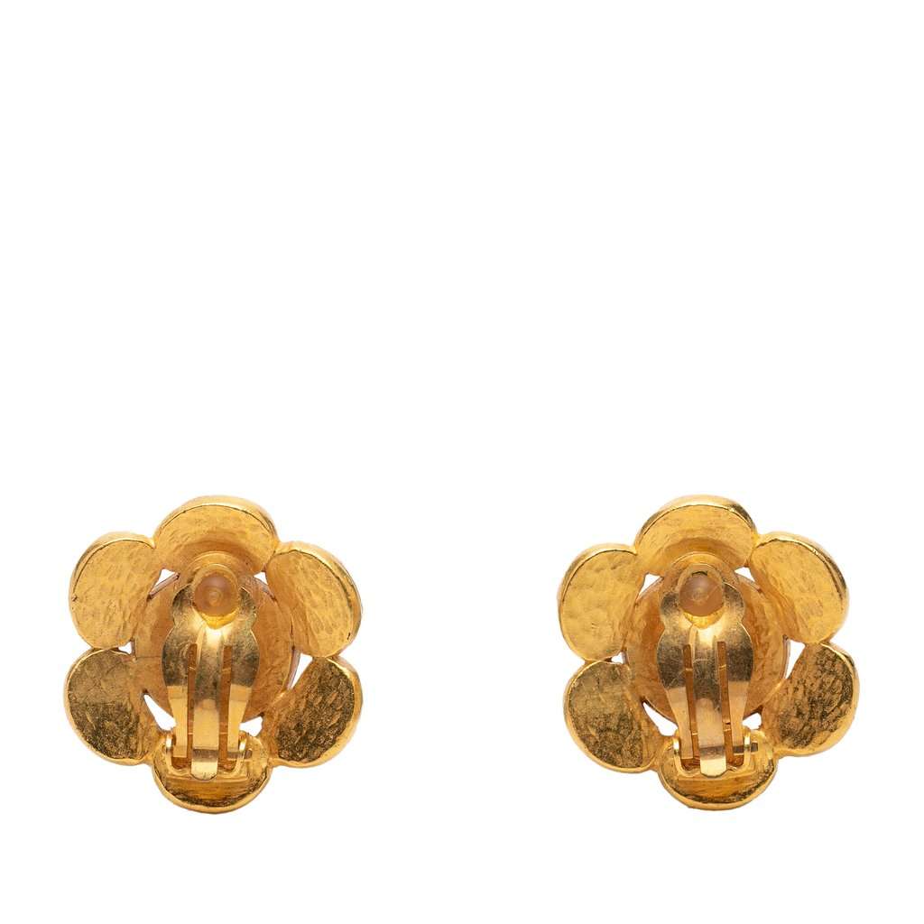 Chanel CC Bicolor Brass Flower Clip On Earrings Gold Metal Very good condition - Back View