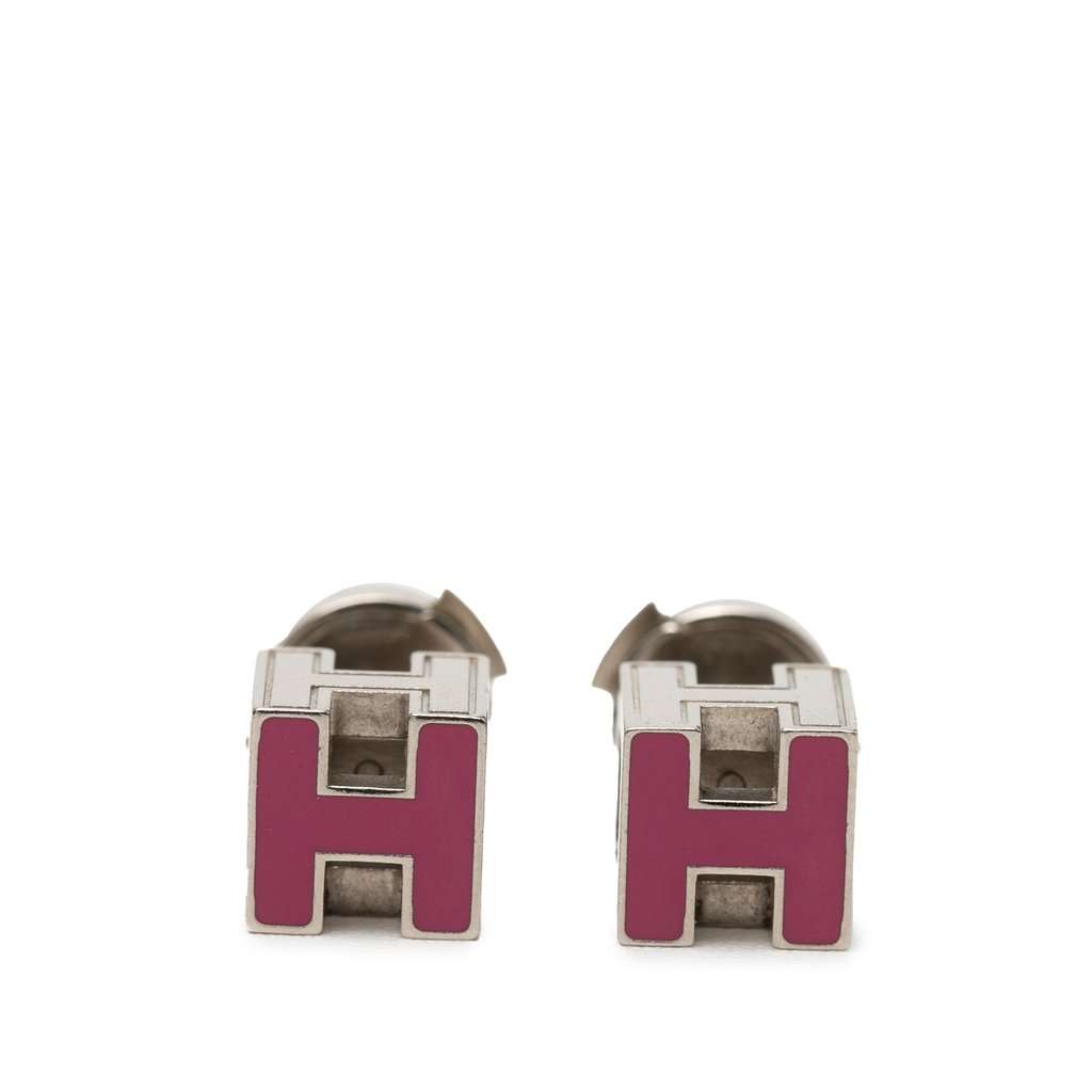 Hermès Palladium Plated Enamel Cage dH Cube Push Back Earrings Purple Metal Very good condition - Front View