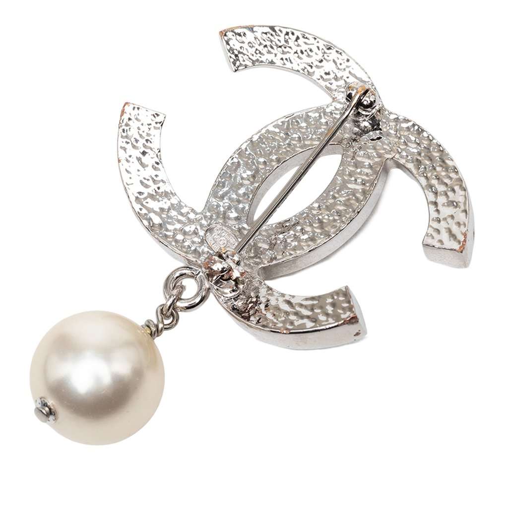 Chanel CC Brass Faux Pearl Brooch Silver Metal Very good - Back View