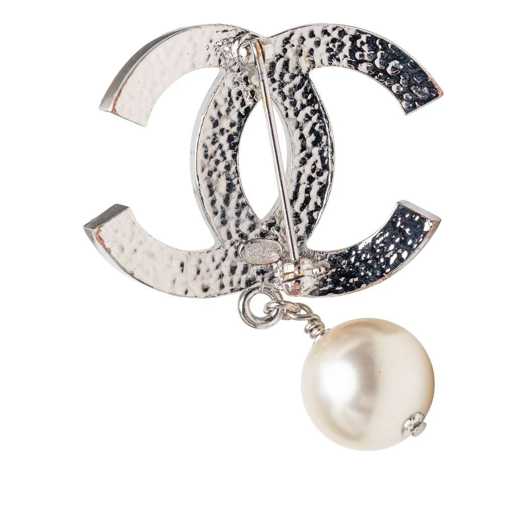 Chanel CC Brass Faux Pearl Brooch Silver Metal Very good - Inside View
