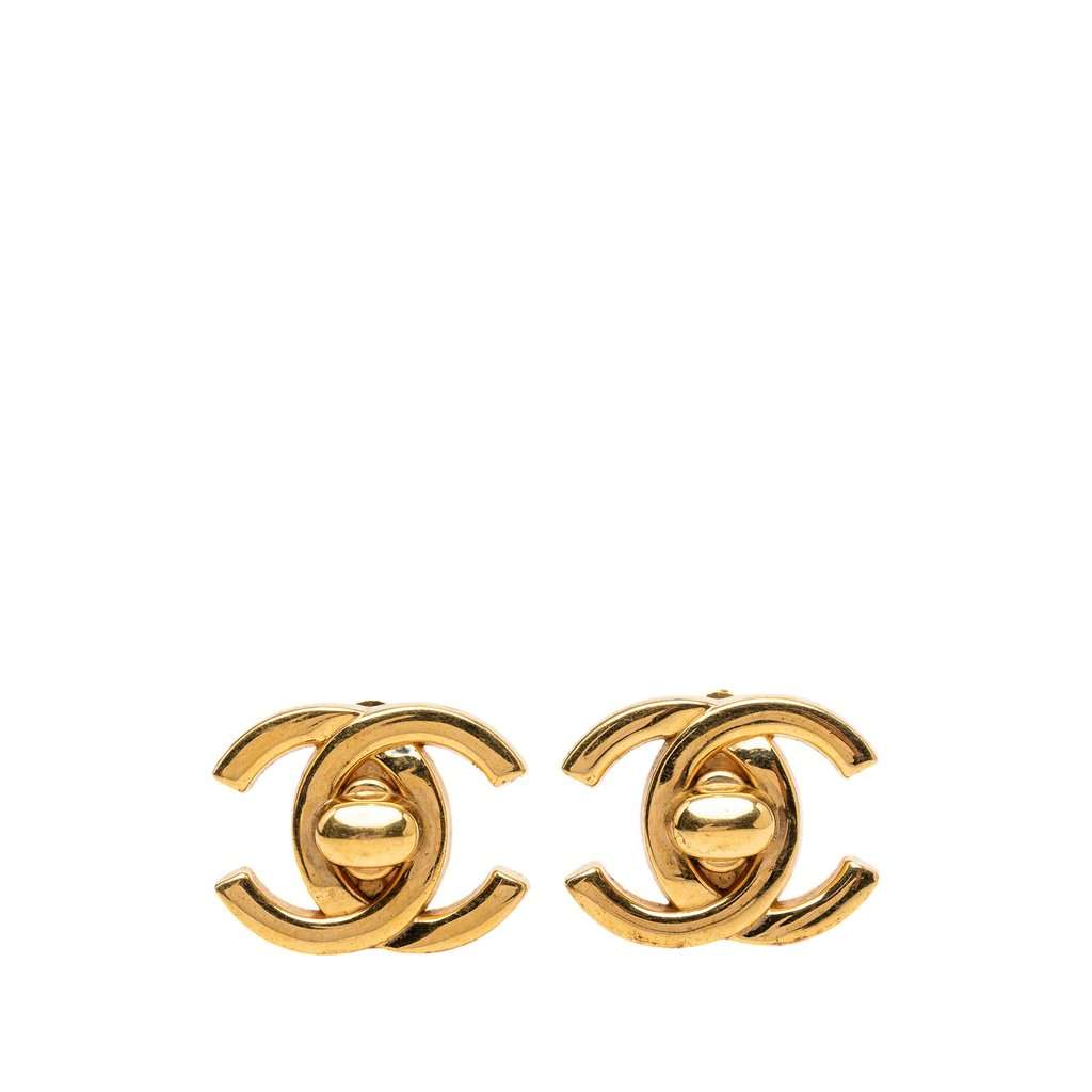 Chanel Gold Plated CC Turnlock Clip On Earrings Gold Metal Very good - Front View