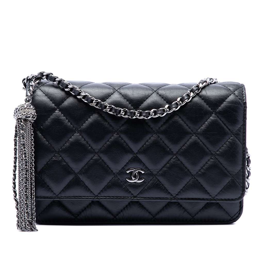 Chanel CC Quilted Aged Calfskin Tassel Wallet On Chain Black Leather Very good condition - Front View