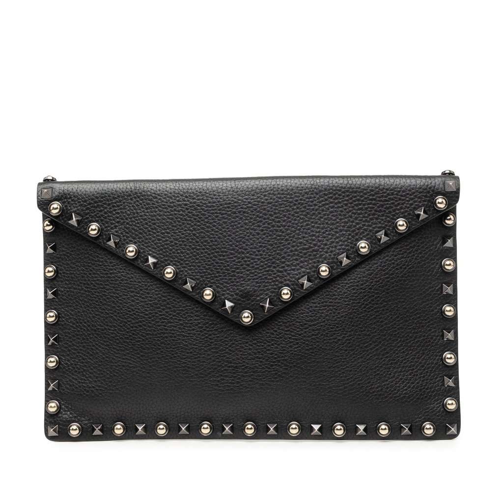 Valentino Grained Calfskin Rockstud Envelope Clutch Black Leather Good condition - Front View