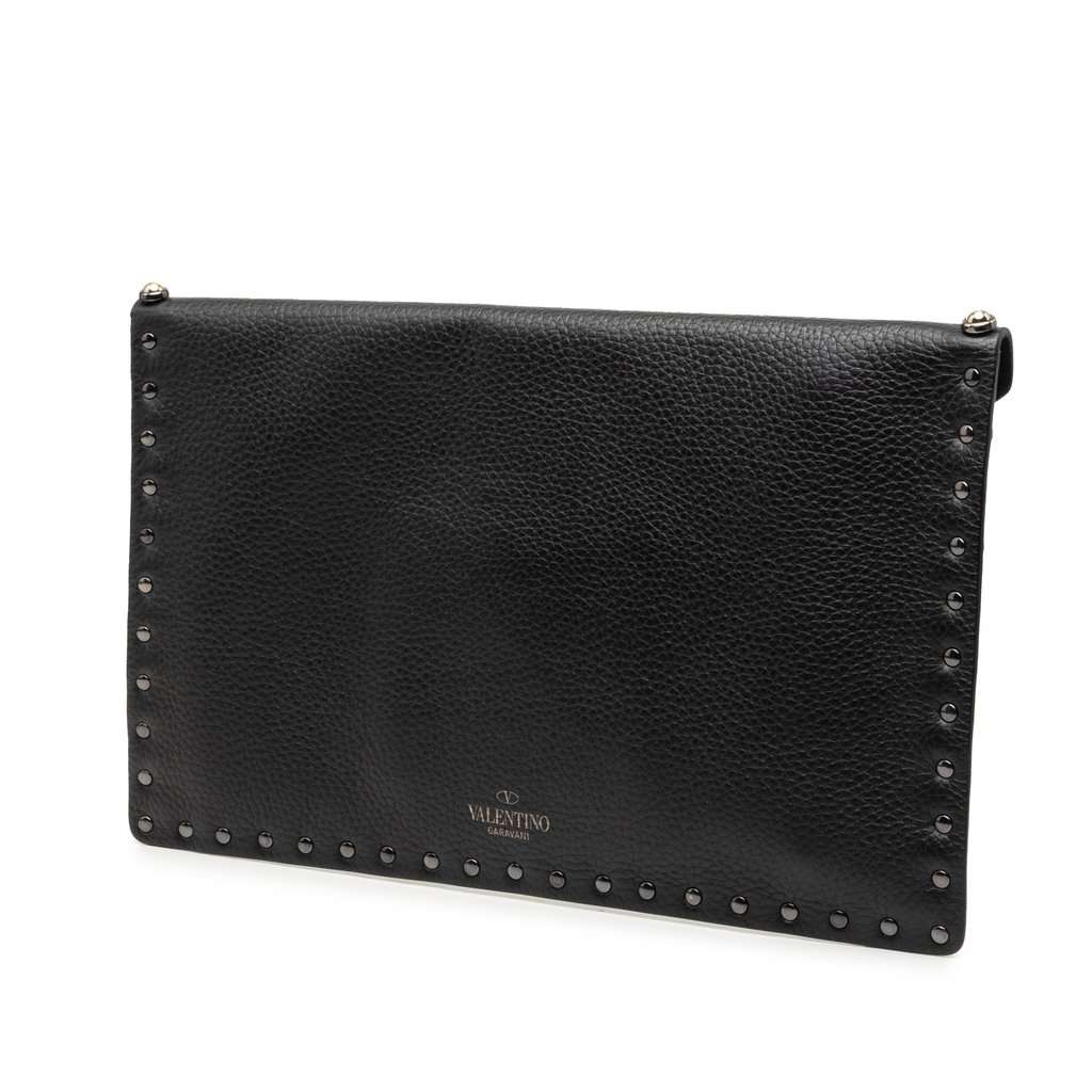 Valentino Grained Calfskin Rockstud Envelope Clutch Black Leather Good condition - Back View