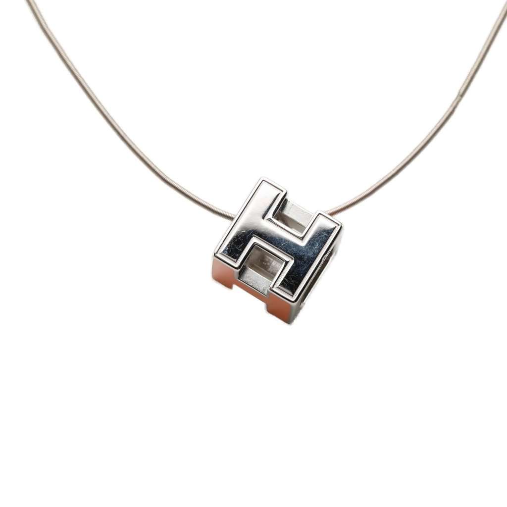 Hermès Palladium Plated Lacquered Cage D H Pendant Necklace Silver Metal Very good condition - Back View