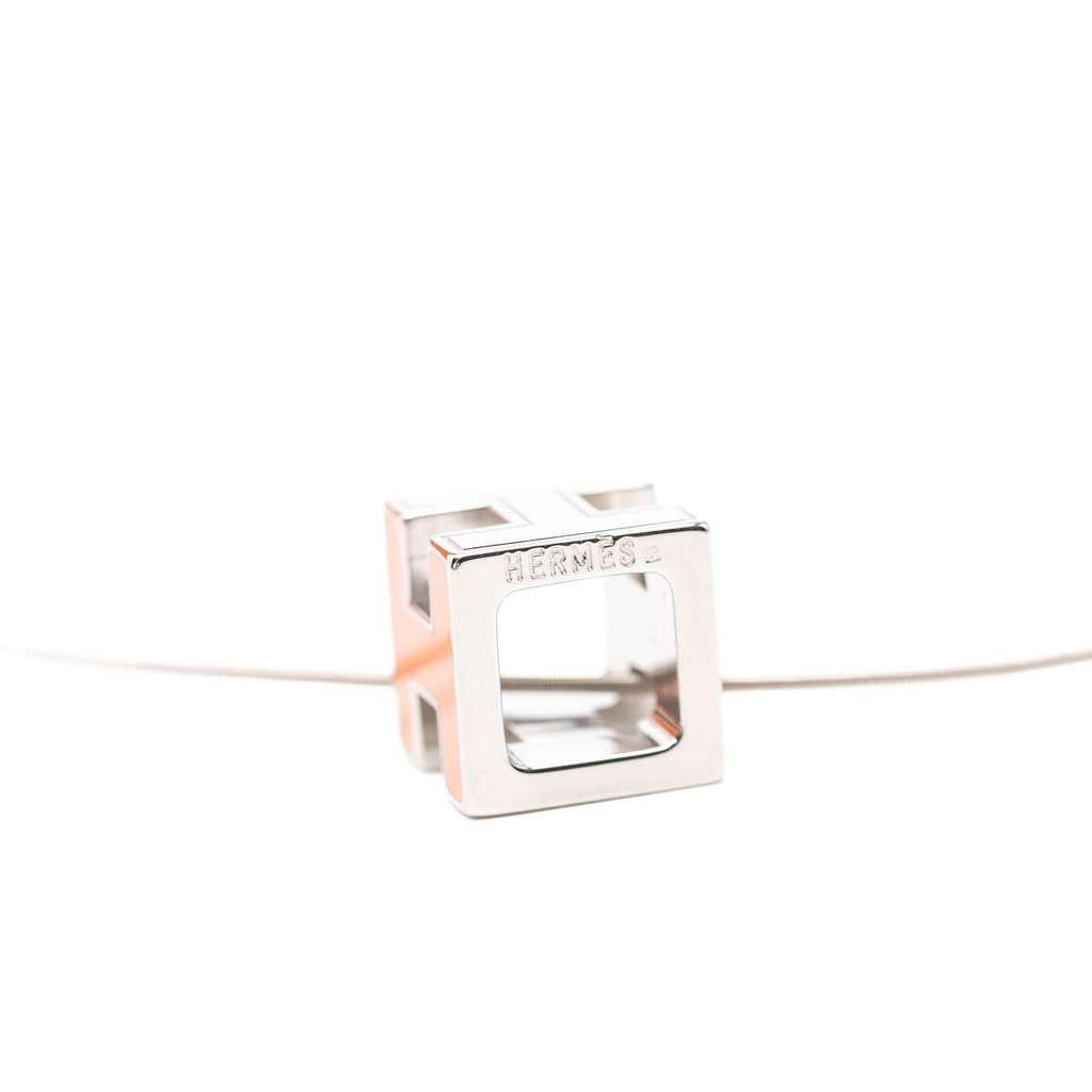 Hermès Palladium Plated Lacquered Cage D H Pendant Necklace Silver Metal Very good condition - Box View