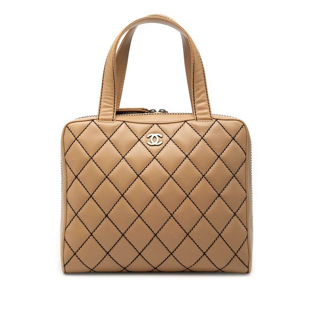 Chanel CC Lambskin Wild Stitch Handbag Beige Leather Very good - Front View